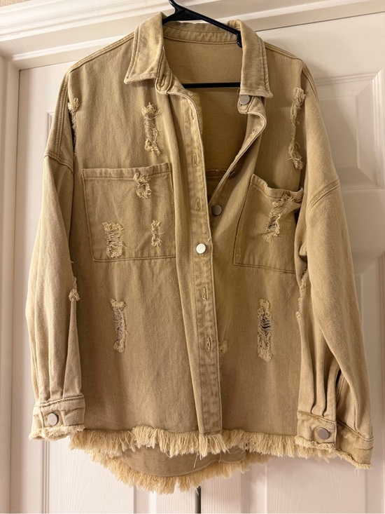 Jackets & Blazers - Women’s Distressed Tan Shacket Jacket
